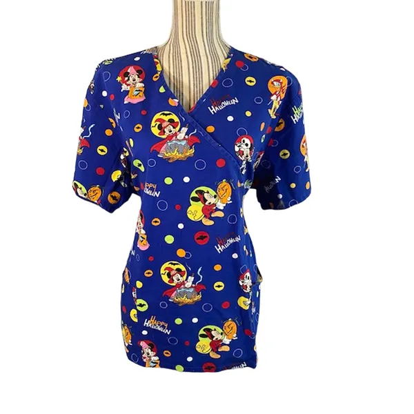 Disney Women’s Blue Mickey Mouse Halloween Wrap Tie Back Medical Scrub Top Sz XL - Image 7