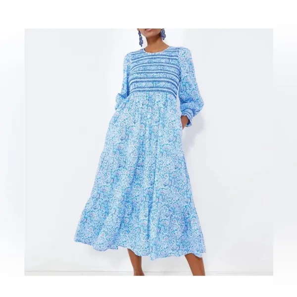 NWT Pink City Prints Isabel Dress XS Ornate Sky Blue Cotton Smocked Midi - Image 2