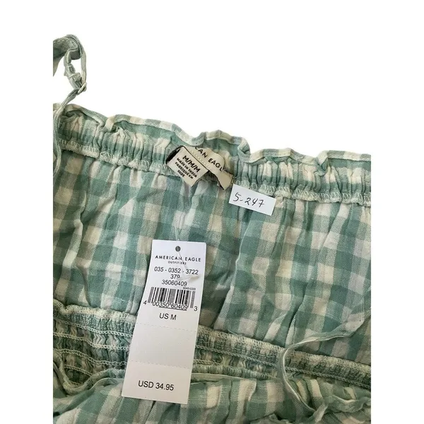 American Eagle Outfitters Medium Check Blue Crop Top Smocked NWT | 5-247 - Image 6