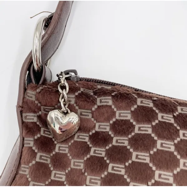 Vintage 90s Y2K Faux Fur Mini Bag Purse Chocolate Brown Printed Heart Charm Zip - Image 5