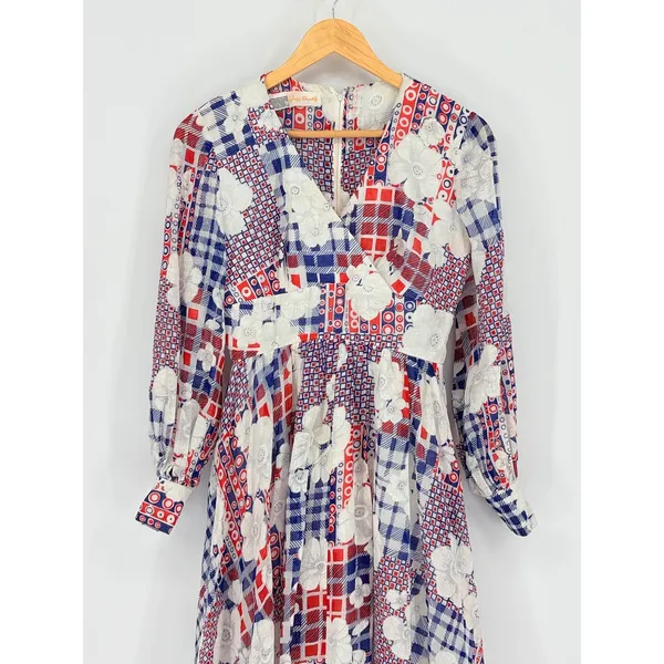 Gregg Draddy Vintage Maxi Dress Patchwork Floral Gingham Red‎ White Blue Small - Image 4