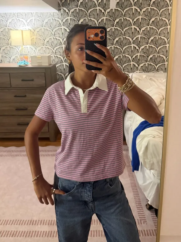 Pink Striped Collared Edikted T-Shirt - Image 2