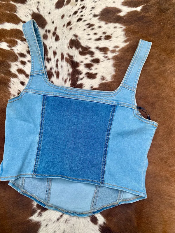 Forever 21 Denim Square Neck Cropped Tank Top Sz M - Image 2