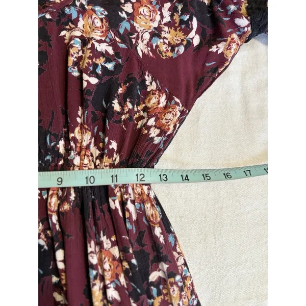 Nostalgia Floral Midi Dress‎ Size M 3/4 Crochet Sleeve Scoop Burgundy/Cream Boho - Image 7