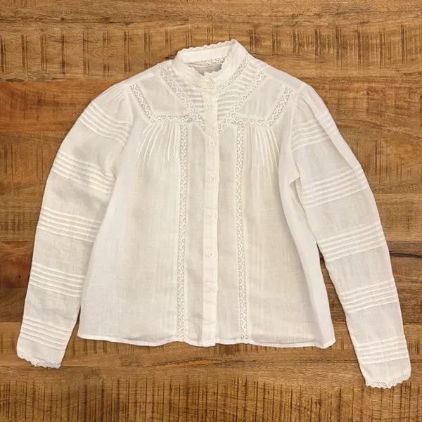 The Shirt Rochelle Behrens Priya Shirt XS White Linen Top Victorian Prairie Lace - Image 10