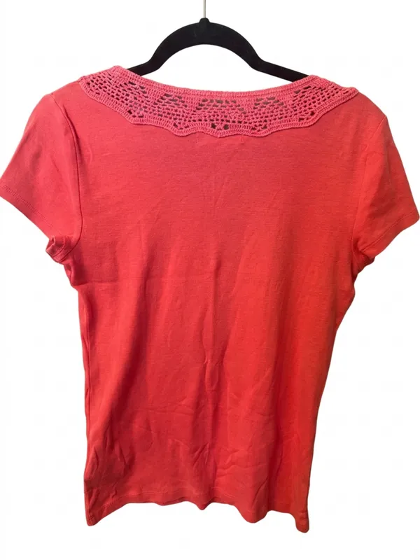LAUREN Ralph Lauren Coral Crochet-Trim V-Neck Short Sleeve Top - Image 3