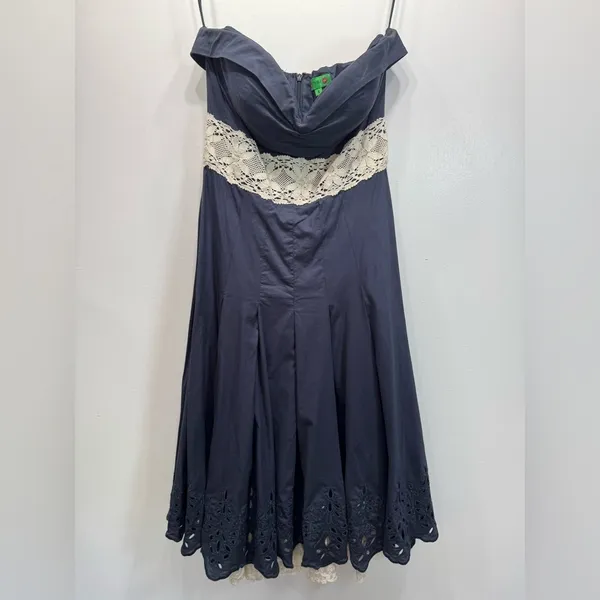 Tibi Strapless Dress Smokey Navy Cream Lace Trim & Slip Mini Corset Coquette - Image 3