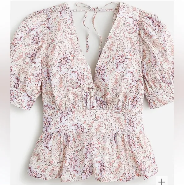 J.Crew Floral Puff Sleeve Peplum Blouse XS - Image 2