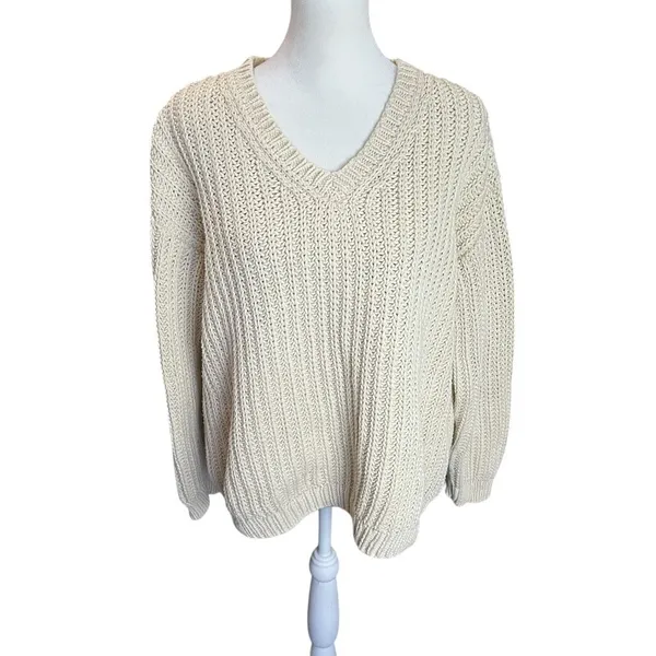 Jenni Kayne Cabin Sweater XS Cream Organic Cotton Fisherman Knit V Neck - Image 3