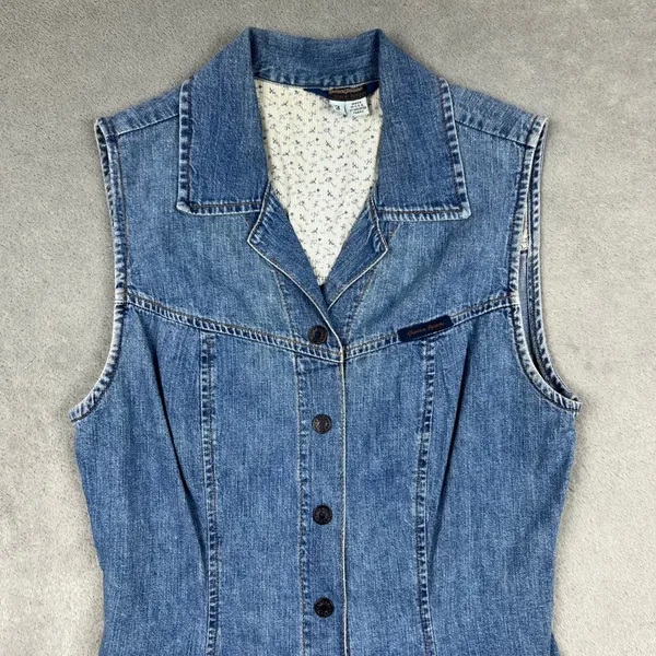 VTG Guess Jeans Junior Sz‎ 3 Mini Dress Blue Denim Sleeveless Button Front 90s - Image 3