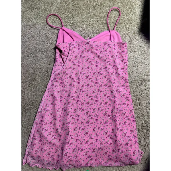Urban Outfitters Pink Floral Mini Dress‎ Keyhole Lettuce Hem Large L Slip Dress - Image 5