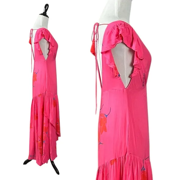 Free People Tropical Hawaiian Hibiscus Hot Pink Floral Maxi Dress Size 8 Summer - Image 9