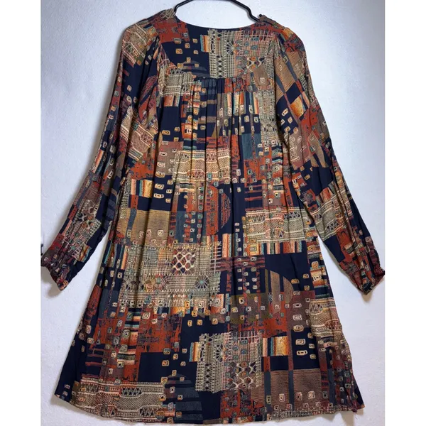 ETHYL Boho Patchwork Geometric Smocked V-Neck Rayon Mini Dress H2507D1-SWANK - Image 2