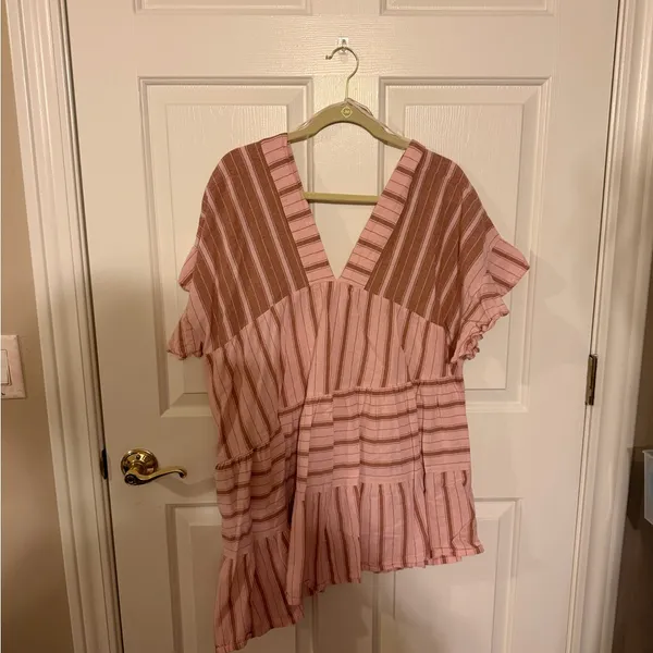 Free People Pink and Brown Striped V-Neck Dress - Image 2