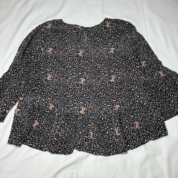 Madewell 100% Silk Blouse Large Black Floral Peasant Cottagecore Ruffle Sleeve - Image 8