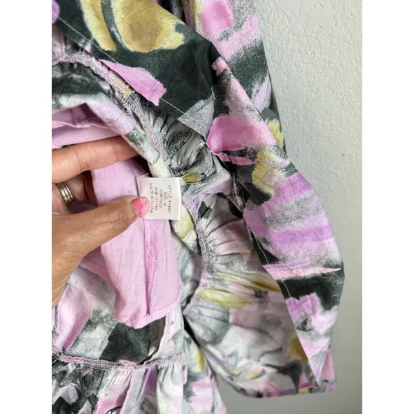 PINCH Watercolor Abstract Floral Midi Dress Smocked Puff Sleeve V-Neck Pink Sz M - Image 11