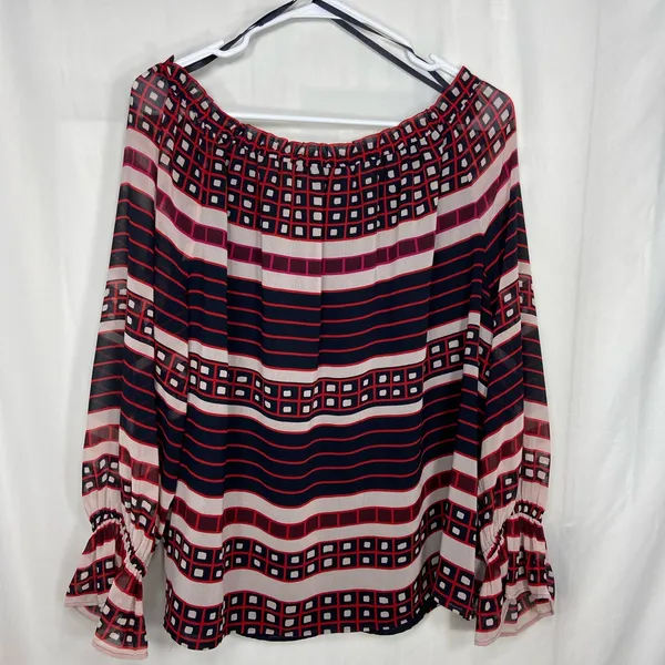 NWOT Ann Taylor LOFT women’s black red elastic sleeve off‎ shoulder blouse XL - Image 6