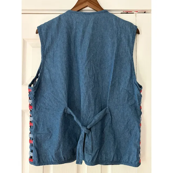 Koret City Blues‎ Vintage Woven Denim Vest Plaid Gingham Lattice Button Front L - Image 2