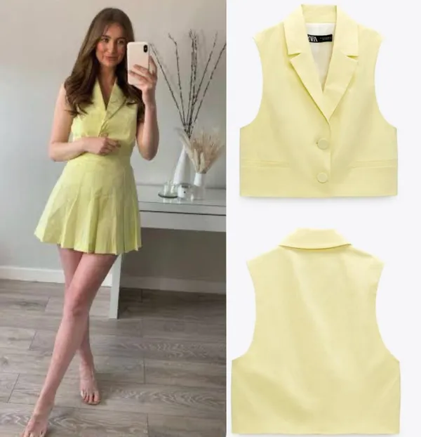 ZARA Blogger Favorite CROPPED WAISTCOAT WITH COVERED BUTTONS VEST YELLOW - Image 2