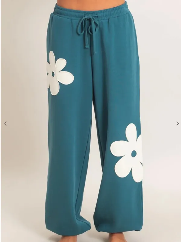 NEW Double Zero Teal Floral Appliqué Fleece Sweatshirt Jogger Set Medium - Image 7