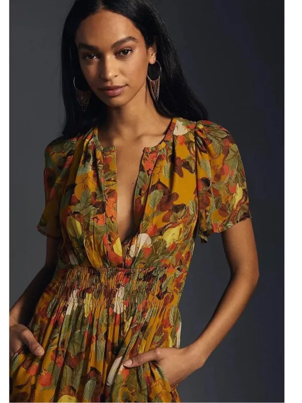 Anthropologie Yellow Fruit Print Smocked Waist Tiered Dress, Size XL - Image 3