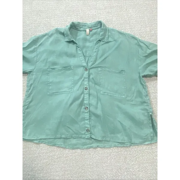 Pilcro Anthropologie Green Linen Blend Short Sleeve Button Up Cropped Shirt S - Image 13