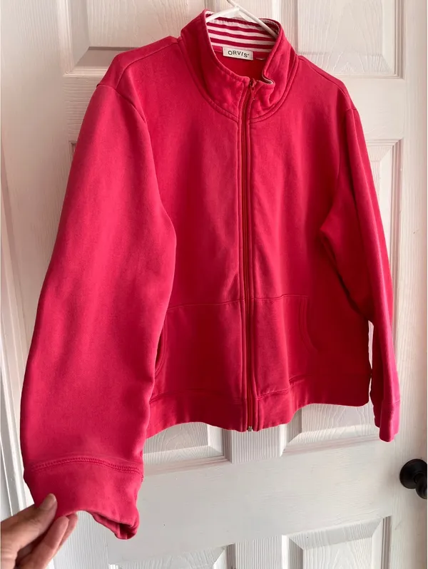 Orvis Womens Pink Full Zip Sweatshirt Mock Neck Stripe Trim XL (No Size Tag) - Image 2