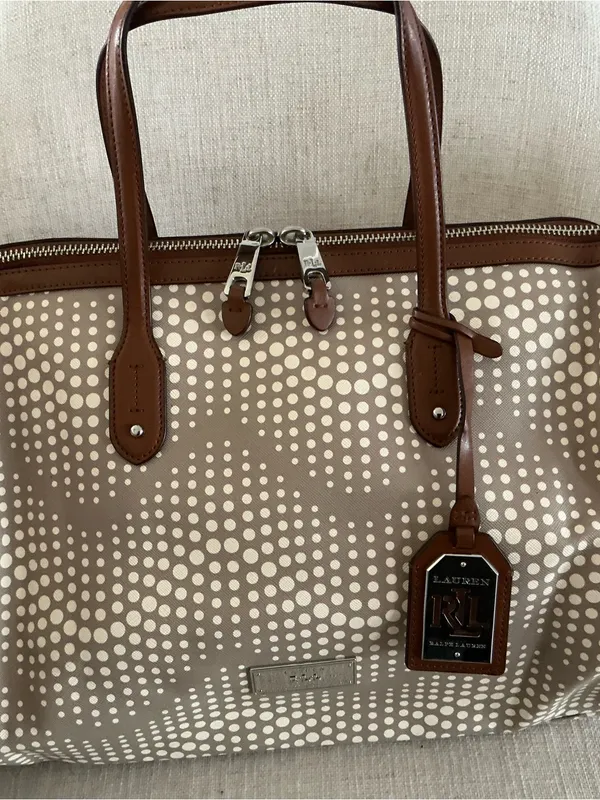 Ralph Lauren beige grey and brown polka dot leather satchel handbag footed - Image 2