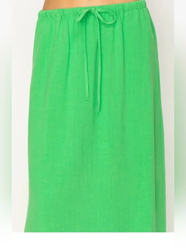 HYFVE Women’s Green Linen Blend Midi Skirt Drawstring Elastic Waist Flowy Casual - Image 2