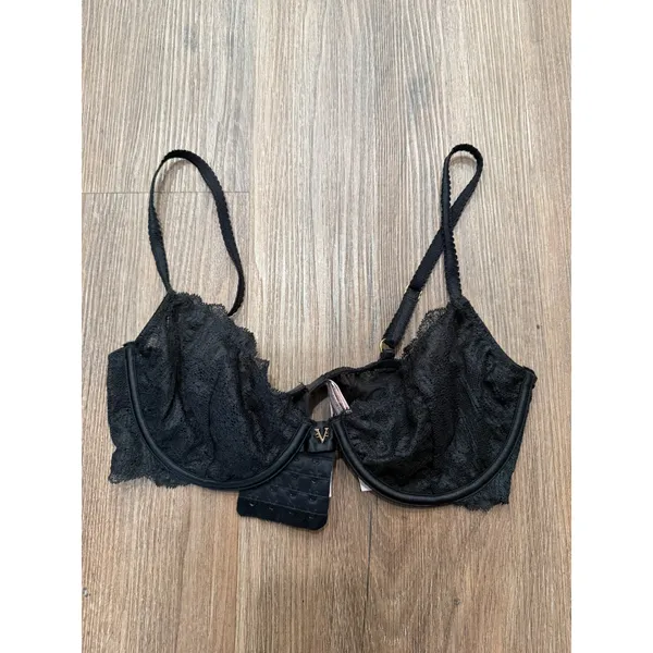 Victorias Secret Black Floral Lace Unlined Demi Bra 34C Gold V Hardware 11167972 - Image 2