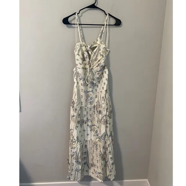 New Aakaa Floral Tie Front Midi Dress Ivory Blue Size M - Image 2