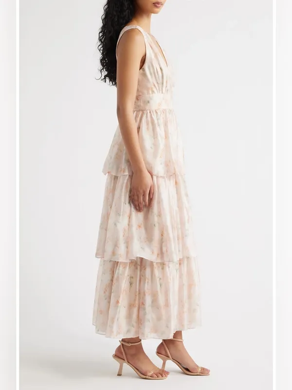 Lulus Vallia Tiered Maxi Dress Blush Floral $148 Small Dreamy Fairytale Wedding - Image 4