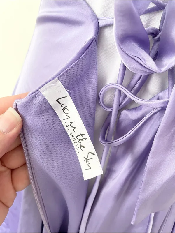 Lucy in The Sky Lavender Purple Satin Strappy Midi Dress M Medium Back Bow - Image 9