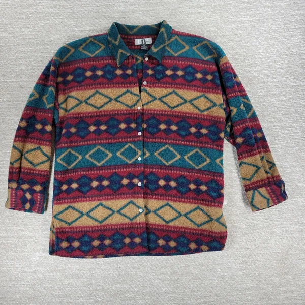 Vtg Aztec Southwest Fleece Shacket Womens Size Sm Red Green Pearl Button Up - Image 12