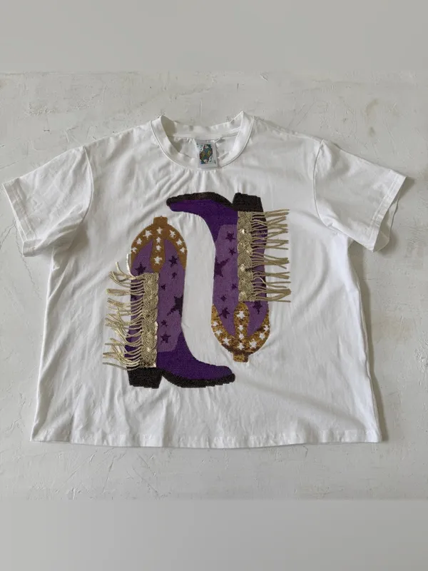 Queen of Sparkles Womens Medium Purple Sequin Cowboy‎ Boot Fringe Western Tee XS - Image 4