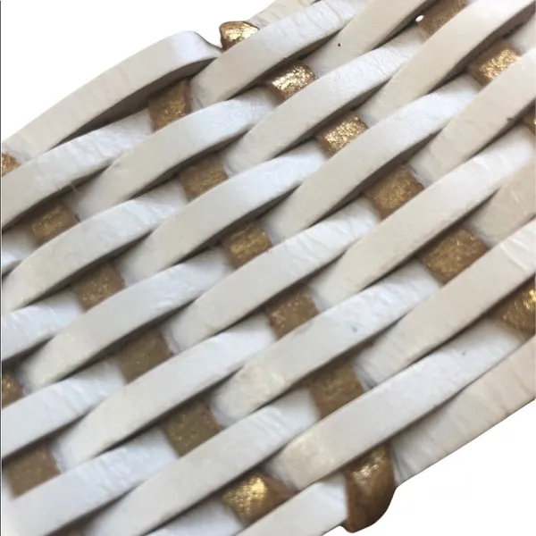 VTG Leather Woven White Bronze Belt Large Oval Brass Buckle Size M Boho - Image 3