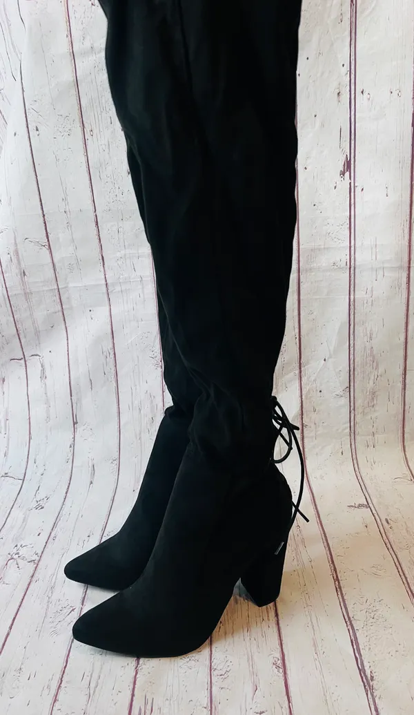 Ivona Stretch Over The Knee Boots Black Faux Suede Tie Detail 4” Heel - Image 8