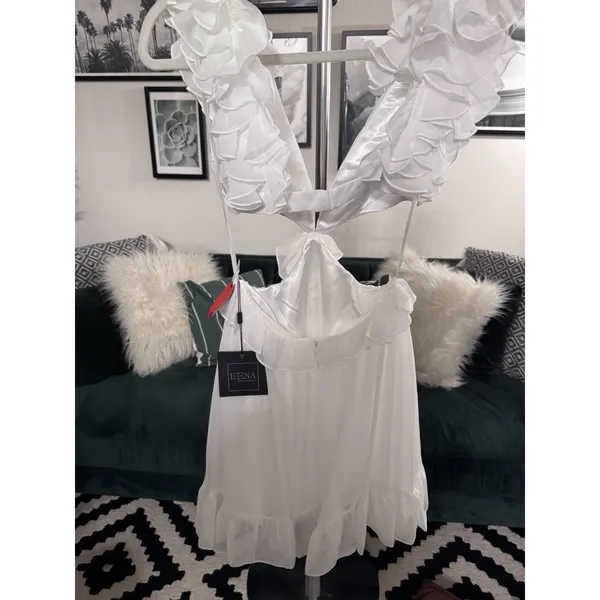 Mac‎ Duggal 55688 Chiffon White Cut-Out Waist Ruffle Mini Dress Size 6 MSRP $348 - Image 5