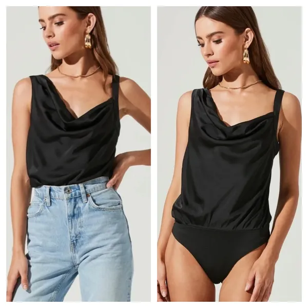 [ASTR] Black Satin Asymmetrical Sleeveless Draped Cowl Neck Bodysuit Sz Medium M - Image 2