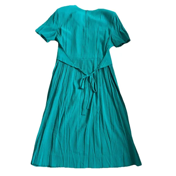 VTG 90s Miss Dorby Teal Dress 16 Career Midi Crinkle Rayon Faux Vest Cottagecore - Image 2