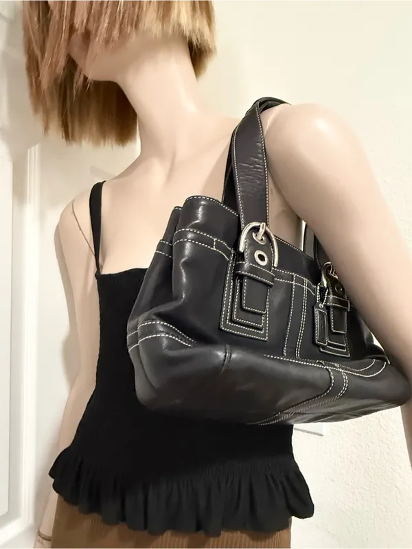 Vintage Y2K COACH F10911 Soho Carryall Satchel Black Leather Contrast Stitching - Image 3