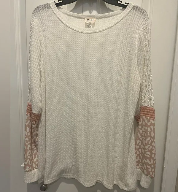 White Waffleknit top with Pink cheetah and lace accents Long Sleeve Top by BiBi - Image 3