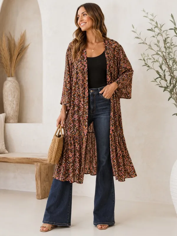 Floral Open Front Kimono NWT Boho Long Duster Swim Cover Up NWT - Image 4