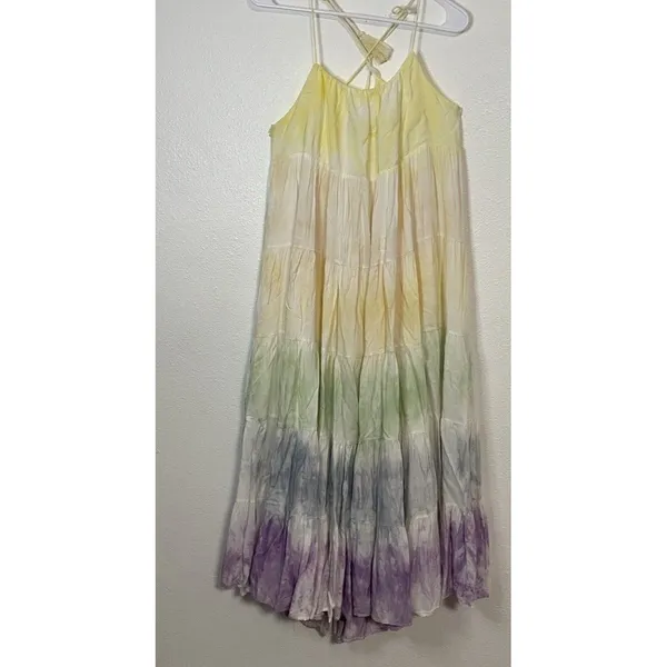 STORIA Tie Dye Maxi Dress Colorful Sleeveless Tasseled Straps Size S 100% Rayon - Image 4