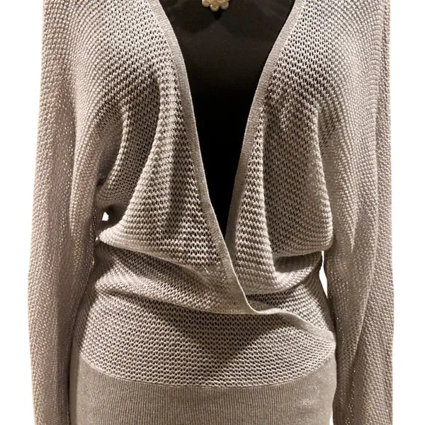 Cache Knit Silver Metallic Peek A Boo Faux Wrap Top New Banded Bottom $98 NWT - Image 14