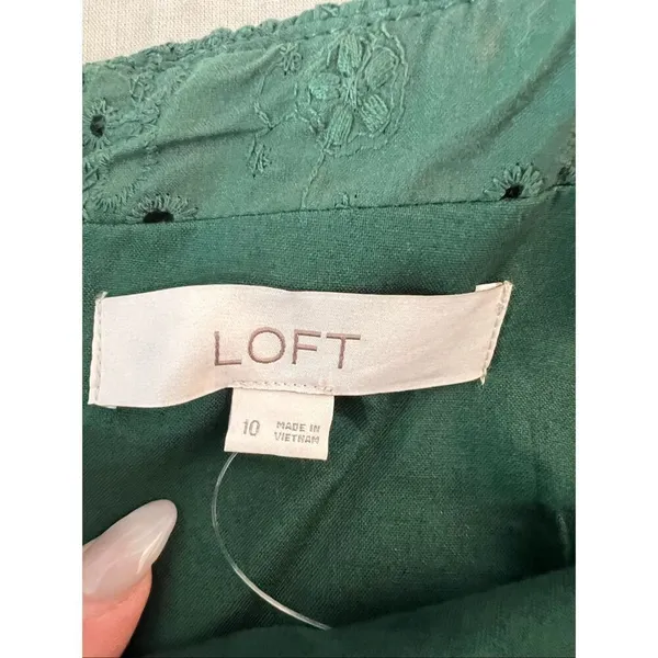 Loft Green Eyelet Ruffle Square Neck Sleeveless Cotton Midi Sundress Size 10 - Image 9