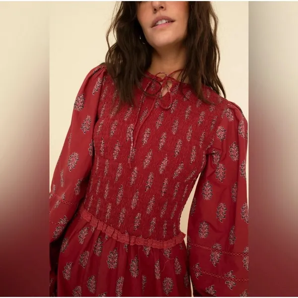 Sonmer Camila Dress Womens Small Burgundy Boho Smocked Eyelet Lace Maxi Floral - Image 2