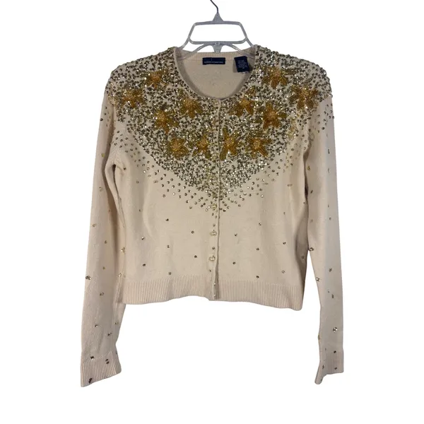 Moda International Cardigan Womens M Beige Silk Sequin Beaded Star - Image 2