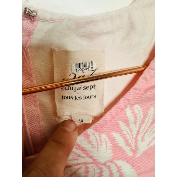 Cinq à Sept Pink White Tropical Leaves Cotton Blend Phoenix Madison Dress sz 14 - Image 5