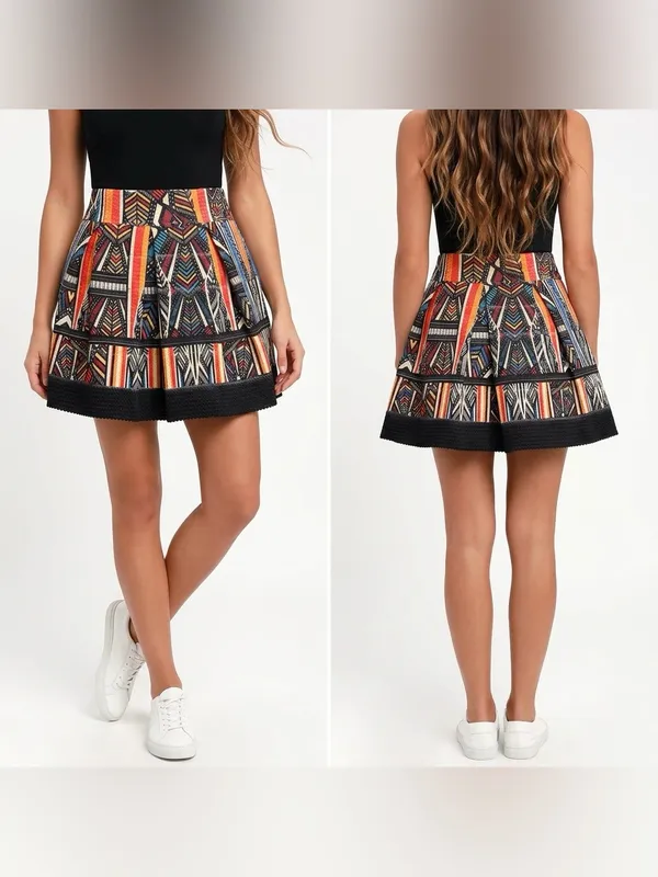 XHILARATION Womens Multicolor Geometric Striped Mini Scalloped Edge Skirt SizeM - Image 2